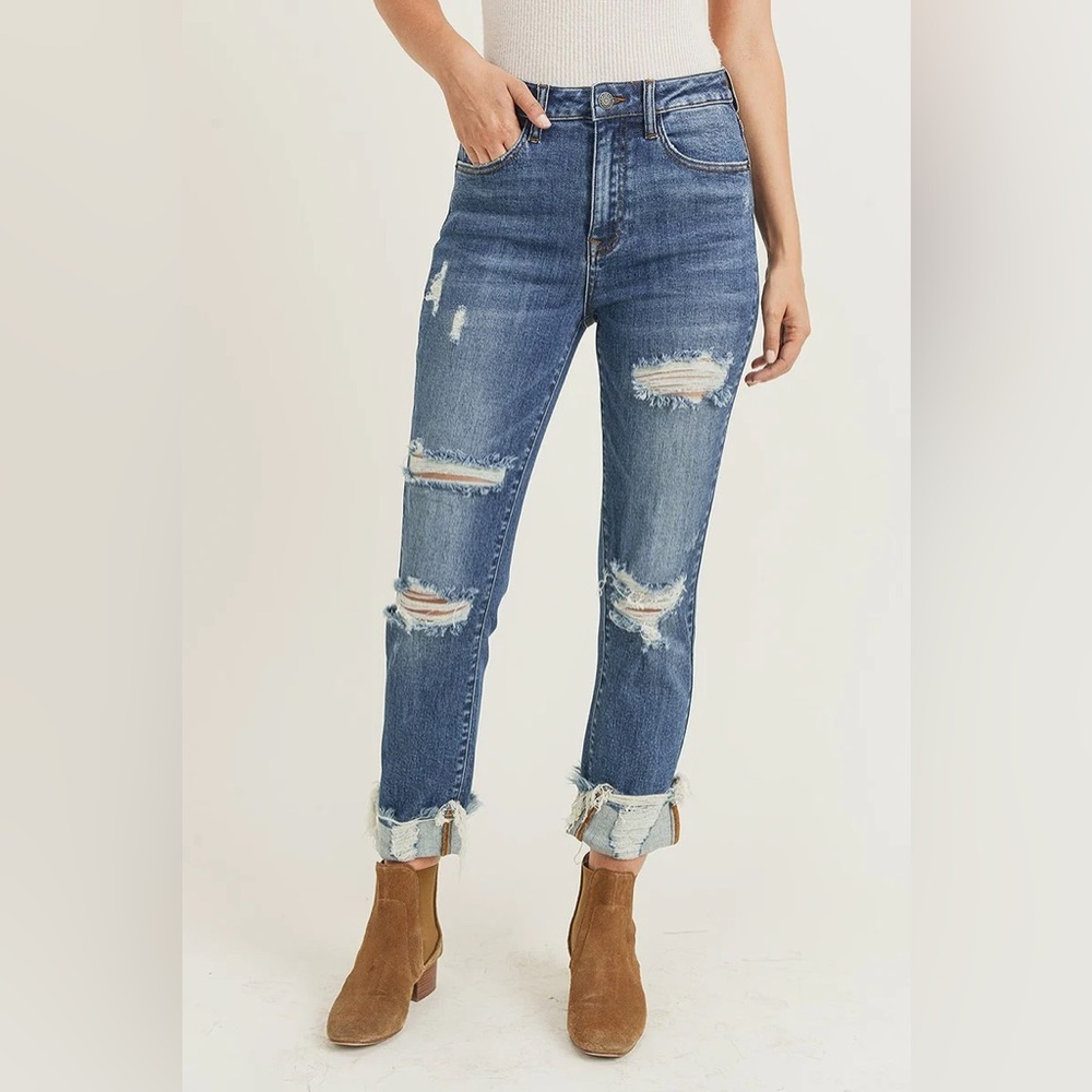 Risen High Rise Distressed Turn Back Cuff Straight Leg Jeans Size 25/1